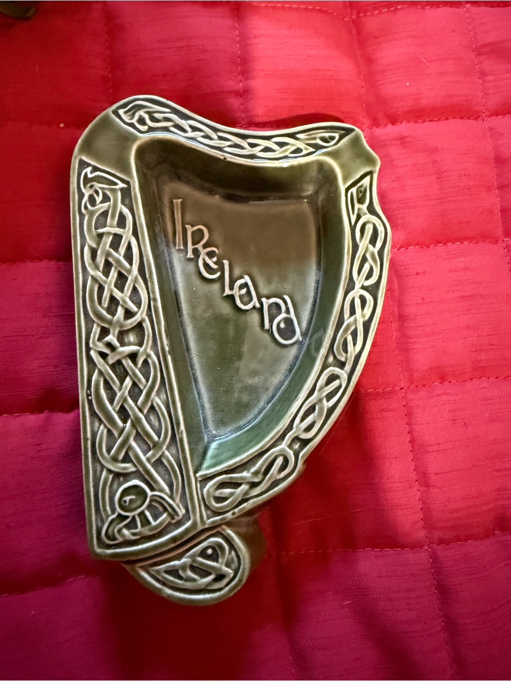 VTG Irish souvenirs Knock Celtic Pottery wall hanging and harp keychain